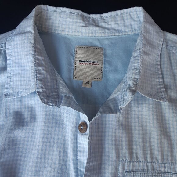 Emanuel Ungaro SZ L Light Blue & White Gingham Men's Button Up SS Shirt - Picture 3 of 12
